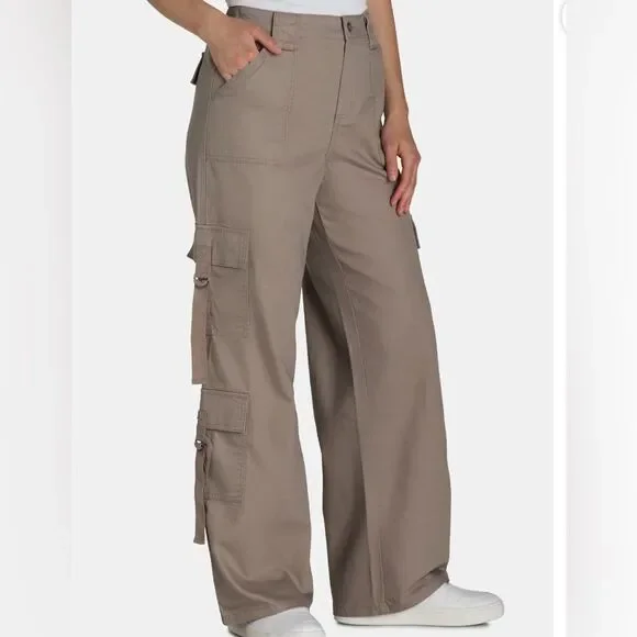 Women's Tan Khaki Cargo Pants Twill Wide Leg Size Large 12-14 NWT - Picture 2 of 7